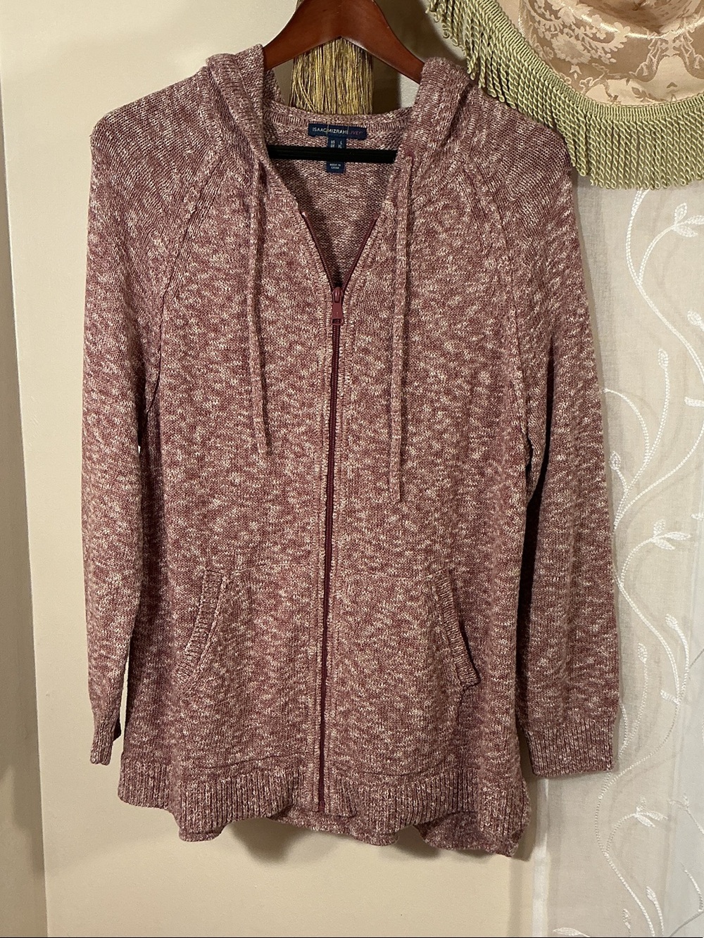Isaac Mizrahi Full Zip Marled Pink & White Hooded Cardigan Sz L Cotton Acrylic